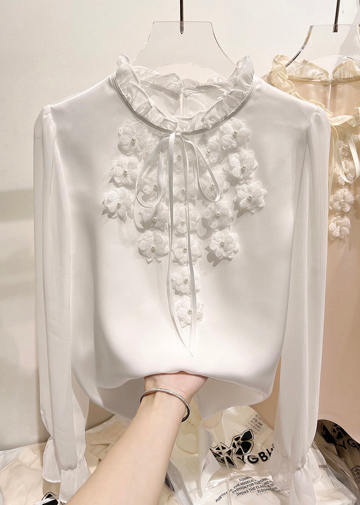 Elegant Apricot Ruffled Lace Up Chiffon Shirt Long Sleeve