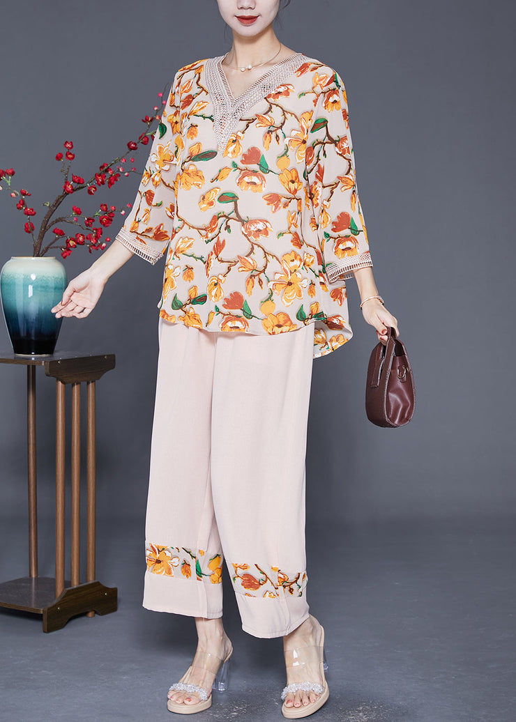 Elegant Apricot V Neck Patchwork Print Chiffon 2 Piece Outfit Summer