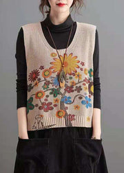 Elegant Apricot V Neck Print Low High Design Knit Waistcoat Fall