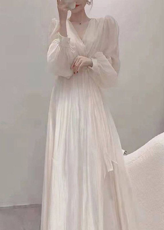 Elegant Apricot V Neck Tie Waist Chiffon Long Dress Spring