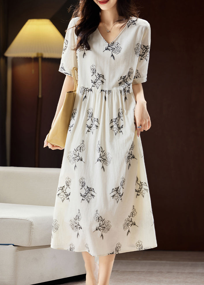 Elegant Beige Embroidered Floral Patchwork Maxi Dress Short Sleeve