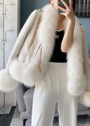 Elegant Beige Fox Collar Faux Leather And Fur Coat Winter