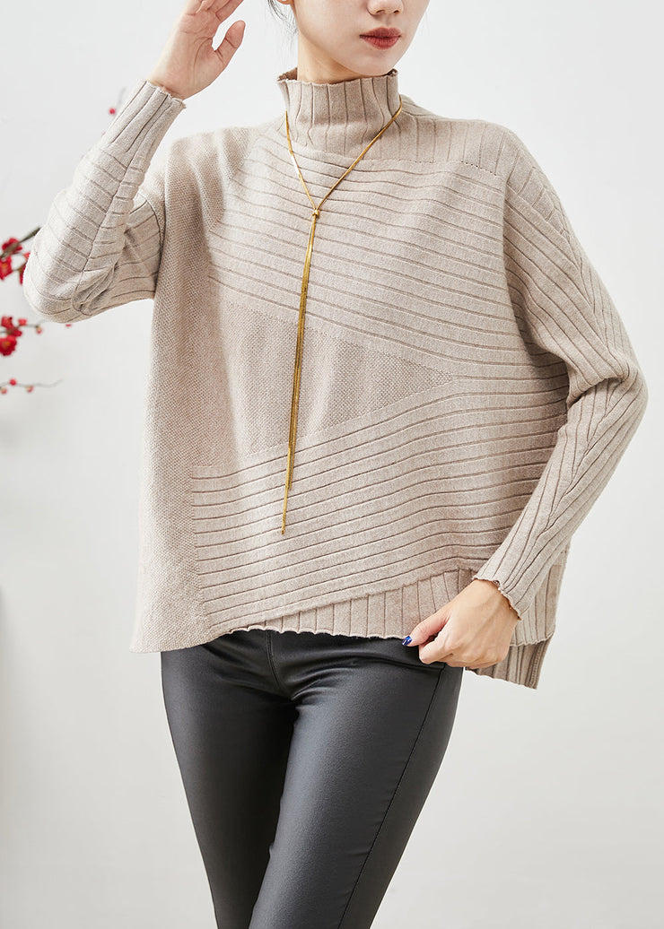 Elegant Beige High Neck Asymmetrical Knit Sweater Fall