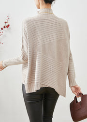 Elegant Beige High Neck Asymmetrical Knit Sweater Fall