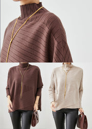 Elegant Beige High Neck Asymmetrical Knit Sweater Fall