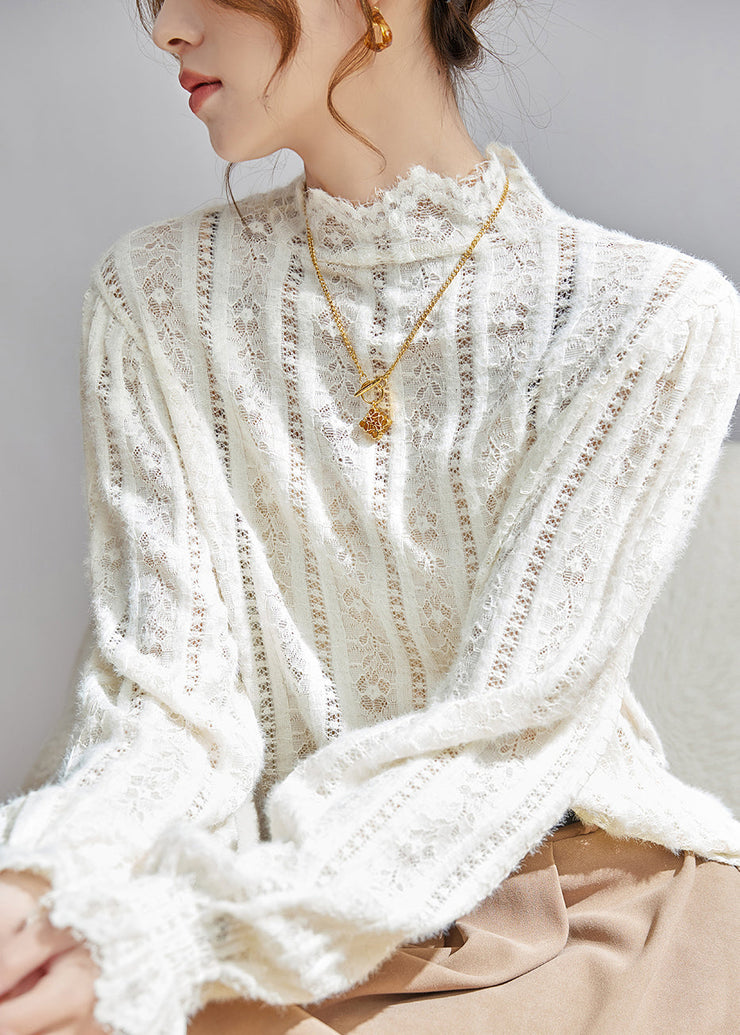 Elegant Beige Hollow Out Lace Shirt Tops Fall