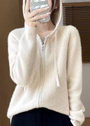 Elegant Beige Hooded Zippered Solid Cotton Knit Coat Fall