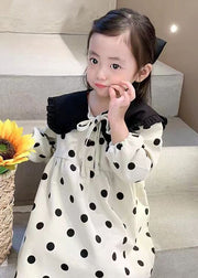 Elegant Beige Lace Up Dot Corduroy Girls Dresses Long Sleeve