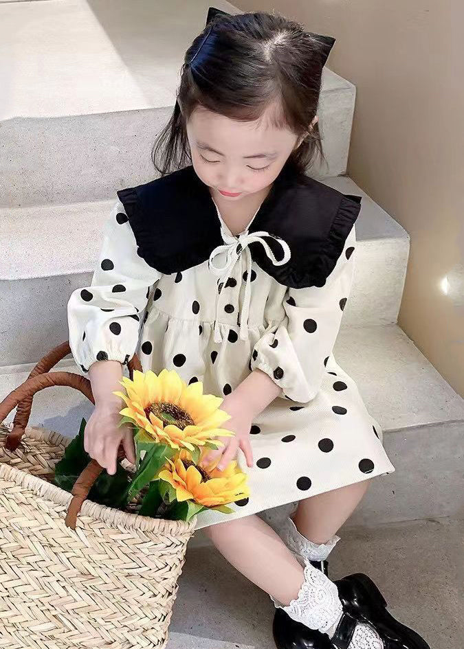 Elegant Beige Lace Up Dot Corduroy Girls Dresses Long Sleeve