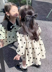 Elegant Beige Lace Up Dot Corduroy Girls Dresses Long Sleeve