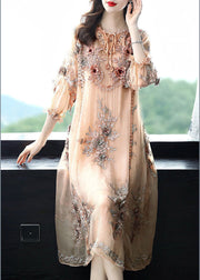 Elegant Beige Lace Up Jacquard Silk Holiday Dress Long Sleeve