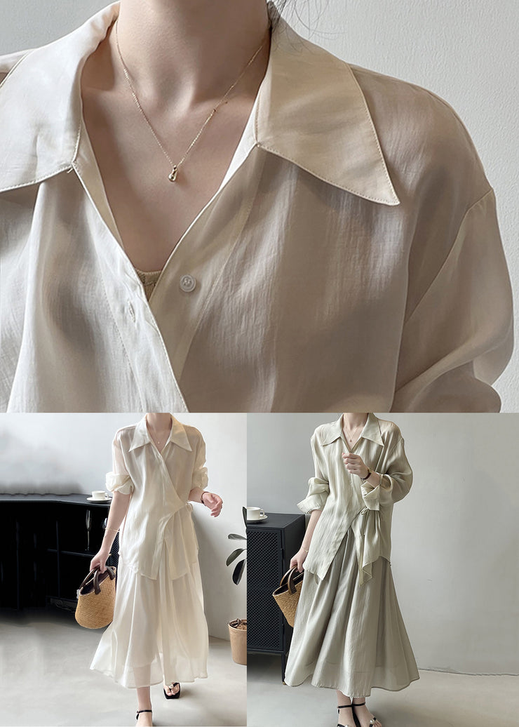 Elegant Beige Lace Up Shirts And Skirts Two Pieces Set Fall