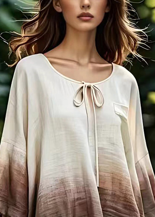 Elegant Beige O Neck Lace Up Cotton Tops Bracelet Sleeve