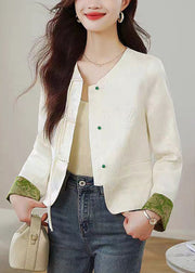 Elegant Beige O Neck Print Button Silk Coats Fall