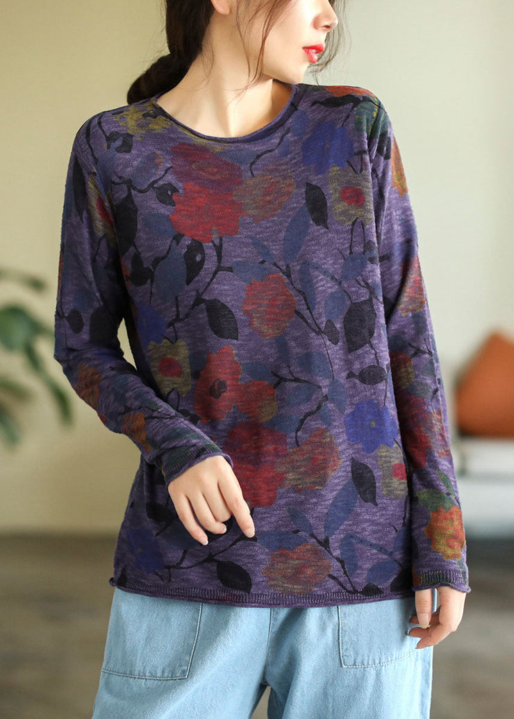 Elegant  Purple Square O-Neck Print Cotton Knitted Top Long Sleeve