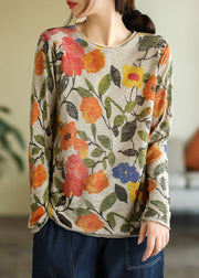 Elegant Yellow O-Neck Print Cotton Knitted Top Long Sleeve