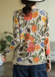 Elegant Indigo-Floral O-Neck Print Cotton Knitted Top Long Sleeve