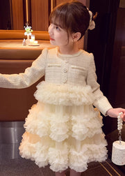 Elegant Beige O-Neck Tulle Patchwork Girls Long Dresses Fall