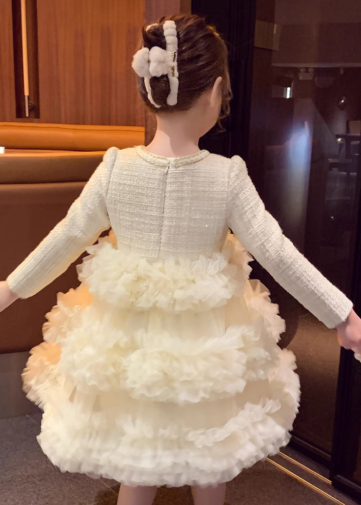 Elegant Beige O-Neck Tulle Patchwork Girls Long Dresses Fall