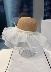 Elegant Beige Pearl Tulle Floppy Sun Hat