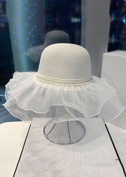 Elegant Beige Pearl Tulle Floppy Sun Hat