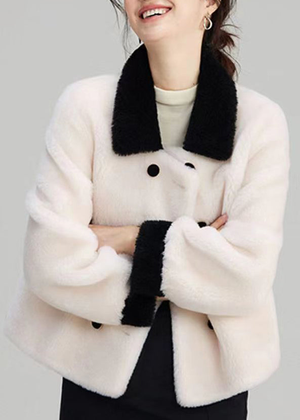 Elegant Beige Peter Pan Collar Pockets Patchwork Wool Outwear Winter