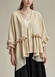 Elegant Beige V Neck Button Ruffled Cotton Coat Butterfly Sleeve