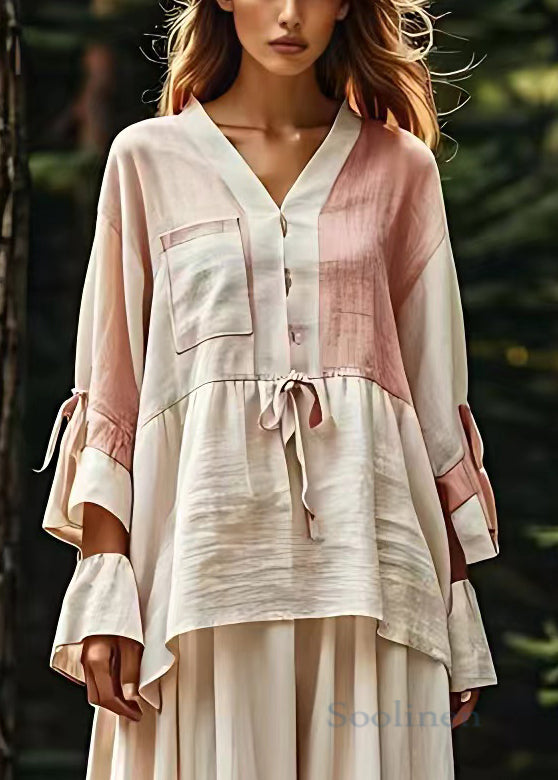 Elegant Beige V Neck Lace Up Patchwork Cotton Tops Fall