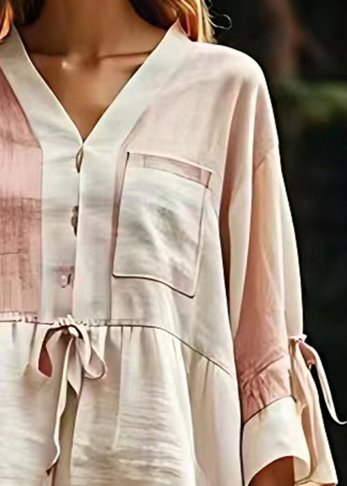 Elegant Beige V Neck Lace Up Patchwork Cotton Tops Fall