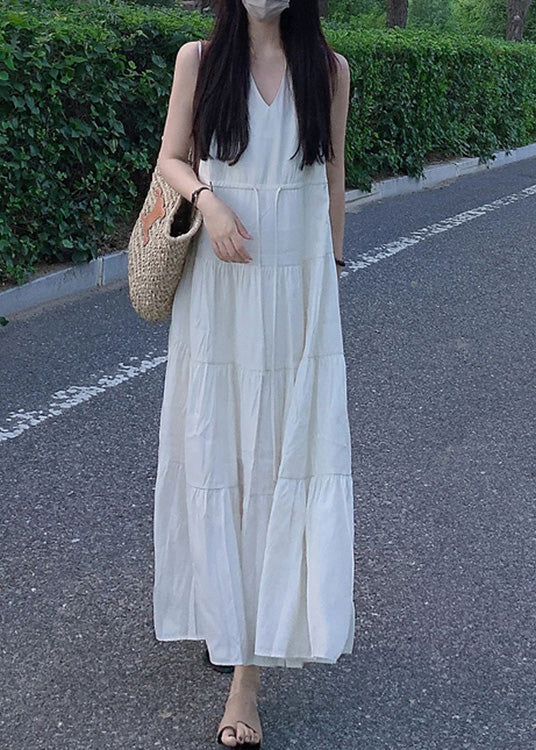 Elegant Beige V Neck Patchwork Vacation Solid Chiffon Long Dresses Summer