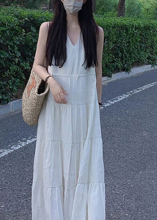 Elegant Beige V Neck Patchwork Vacation Solid Chiffon Long Dresses Summer