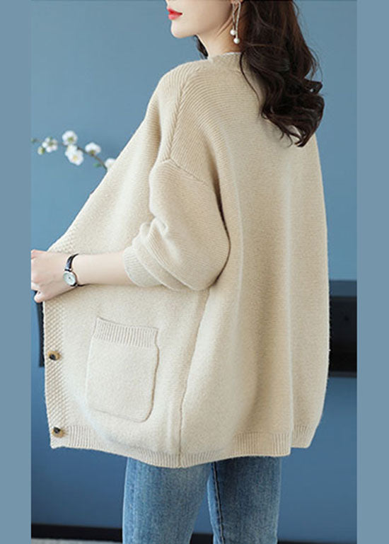 Elegant Beige V Neck Pockets Patchwork Cashmere Loose Coat Fall