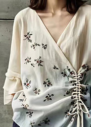 Elegant Beige V Neck Print Lace Up Cotton Shirts Fall