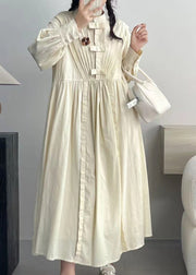 Elegant Beige Wrinkled Button Cotton Dresses Long Sleeve