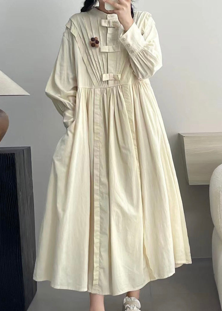 Elegant Beige Wrinkled Button Cotton Dresses Long Sleeve