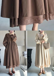 Elegant Beige Wrinkled Lace Patchwork Cotton Dress Spring