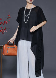 Elegant Black Asymmetrical Chiffon Shirts Summer