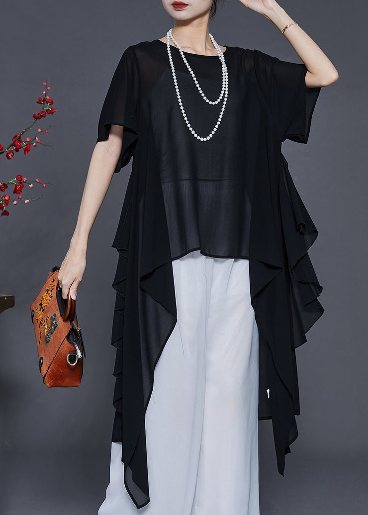 Elegant Black Asymmetrical Chiffon Shirts Summer