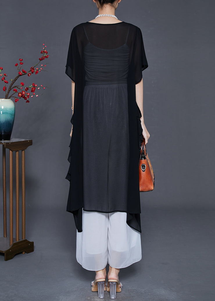 Elegant Black Asymmetrical Chiffon Shirts Summer