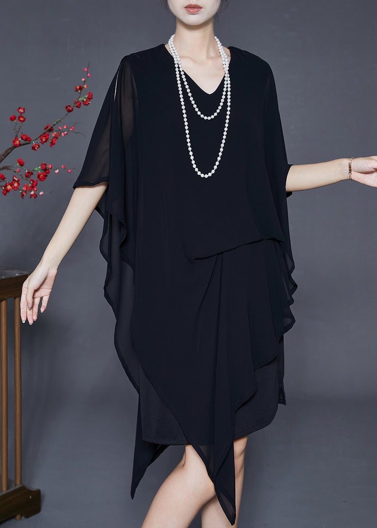 Elegant Black Asymmetrical Cold Shoulder Chiffon Tea Dress Summer