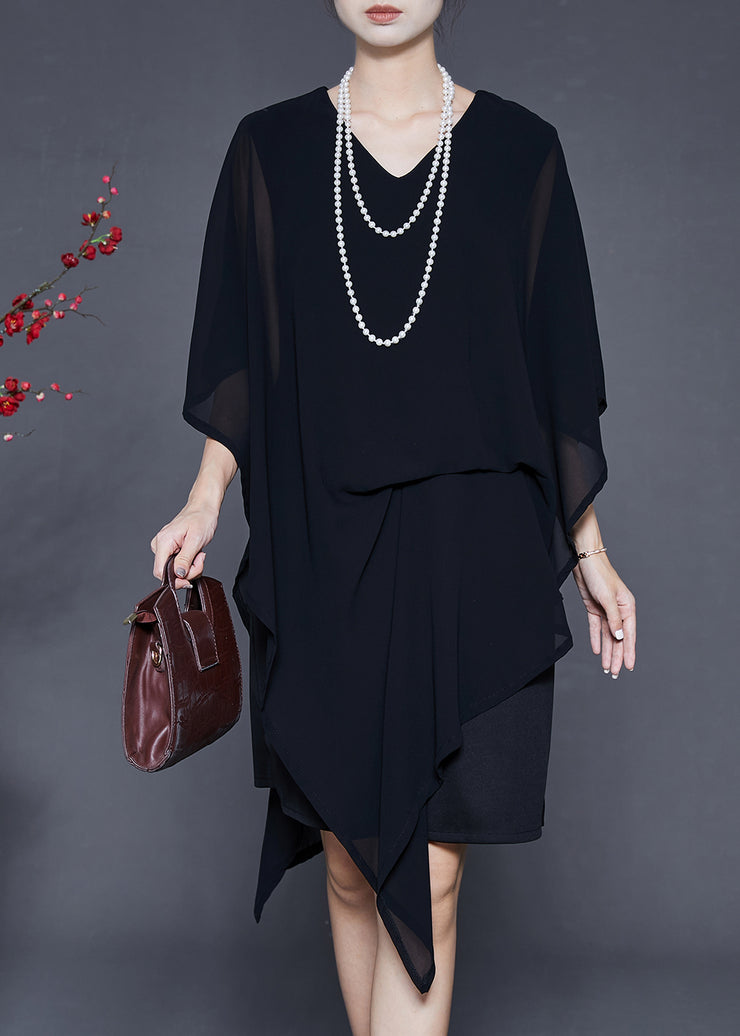 Elegant Black Asymmetrical Cold Shoulder Chiffon Tea Dress Summer