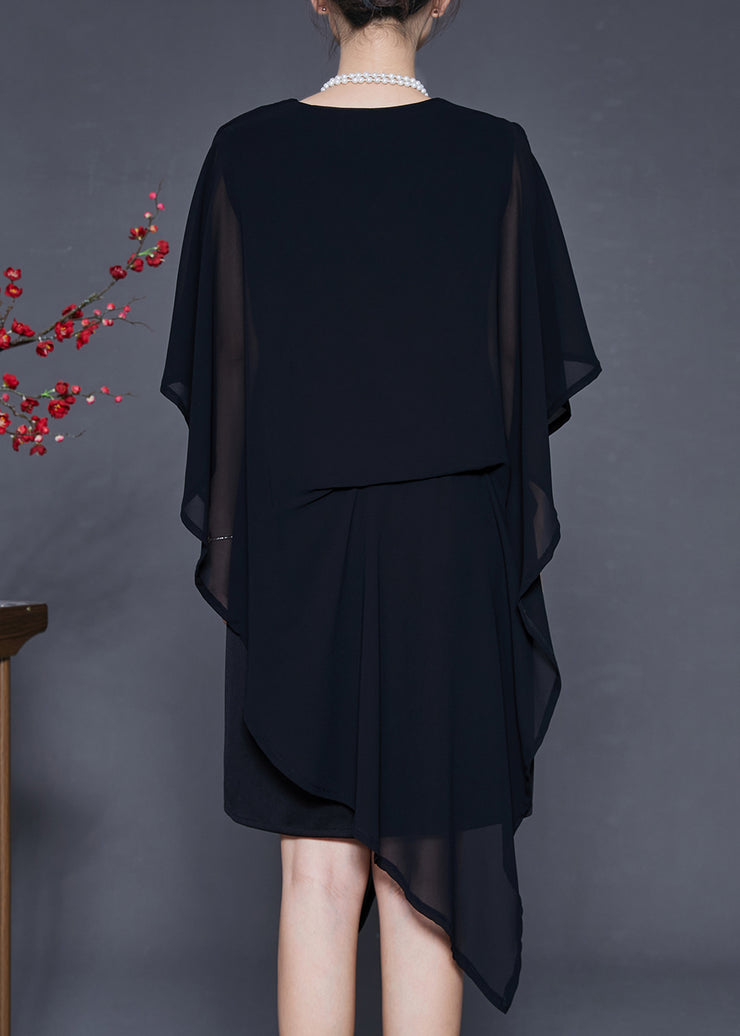 Elegant Black Asymmetrical Cold Shoulder Chiffon Tea Dress Summer