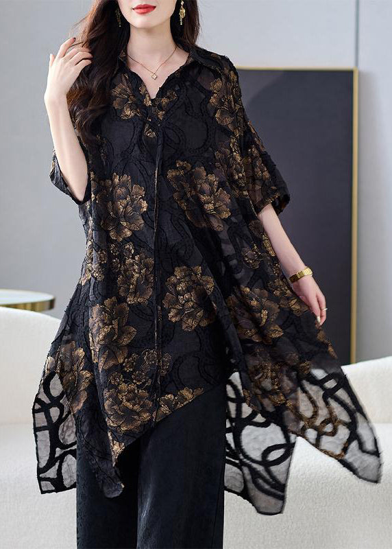 Elegant Black Asymmetrical Floral Silk Blouse Tops Summer