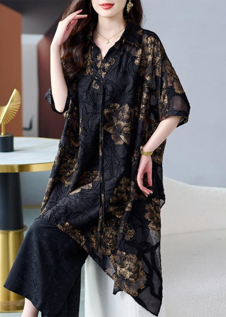 Elegant Black Asymmetrical Floral Silk Blouse Tops Summer