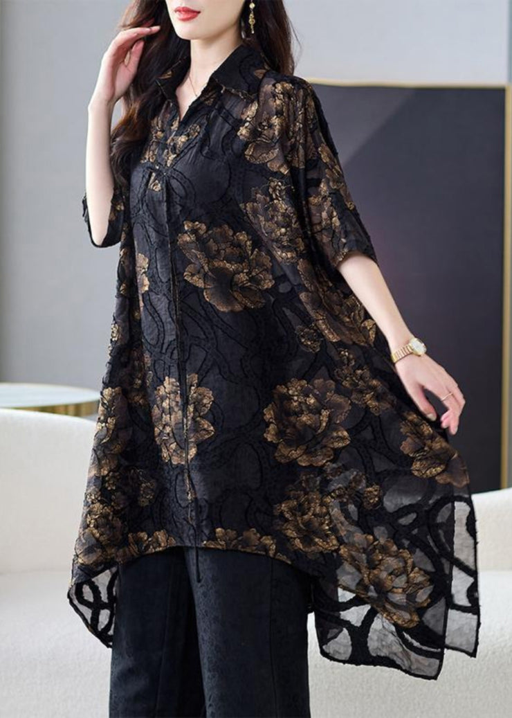 Elegant Black Asymmetrical Floral Silk Blouse Tops Summer