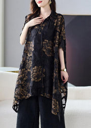 Elegant Black Asymmetrical Floral Silk Blouse Tops Summer