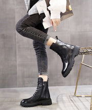 Elegant Black Boots Warm Fleece Lace Up Chunky Boots