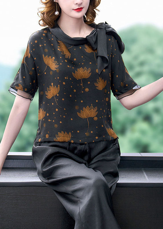 Elegant Black Bow Collar Patchwork Print Silk Shirt Short Sleeve