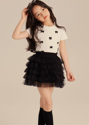 Elegant Black Bow Girls Top And Beach Skirts Two Pieces Set Summer
