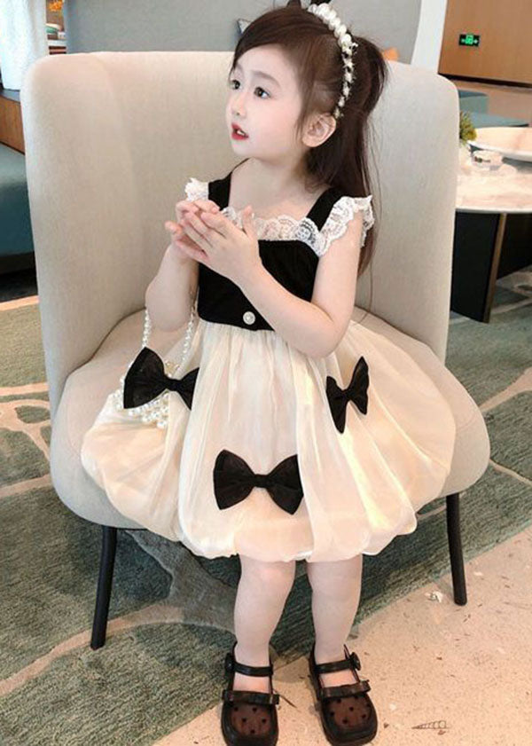 Elegant Black Bow Lace Patchwork Tulle Baby Girls Dress Summer